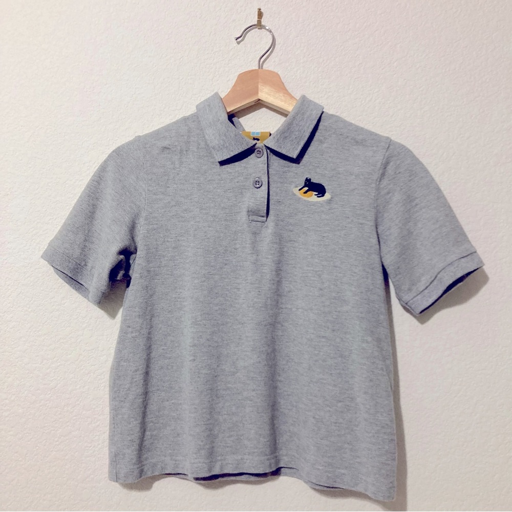 For Home Cat & Egg Cropped Polo T-Shirt (S Size - Gray, Yellow & Black)